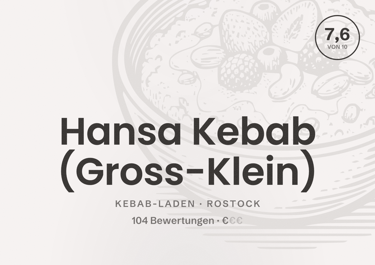Illustriertes Poster von Hansa Kebab (Gross-Klein), Kebab-Laden in Rostock: Bewertung 7,6 von 10 aus 104 Bewertungen, Preisniveau €
