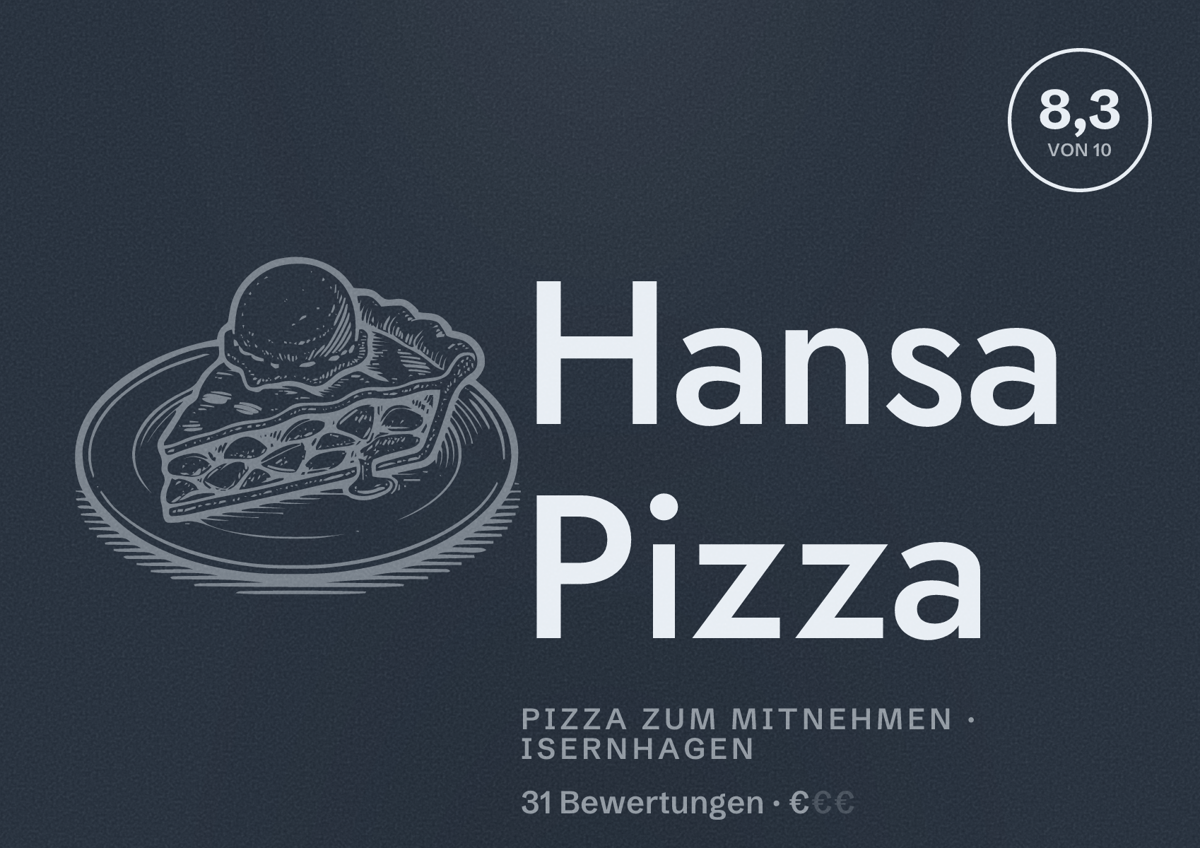 Illustriertes Poster von Hansa Pizza, Pizza zum Mitnehmen in Isernhagen: Bewertung 8,3 von 10 aus 31 Bewertungen, Preisniveau €