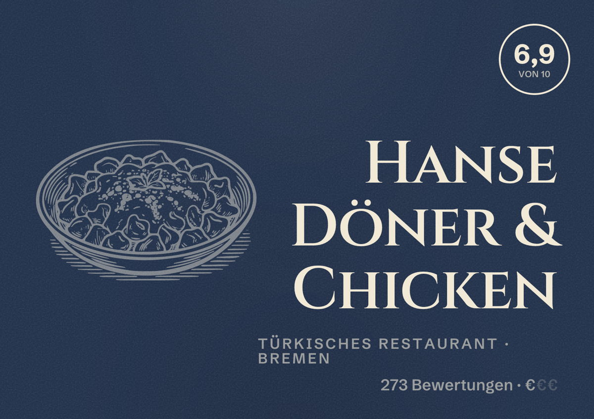 Illustriertes Poster von Hanse Döner & Chicken, Türkisches Restaurant in Bremen: Bewertung 6,9 von 10 aus 273 Bewertungen, Preisniveau €