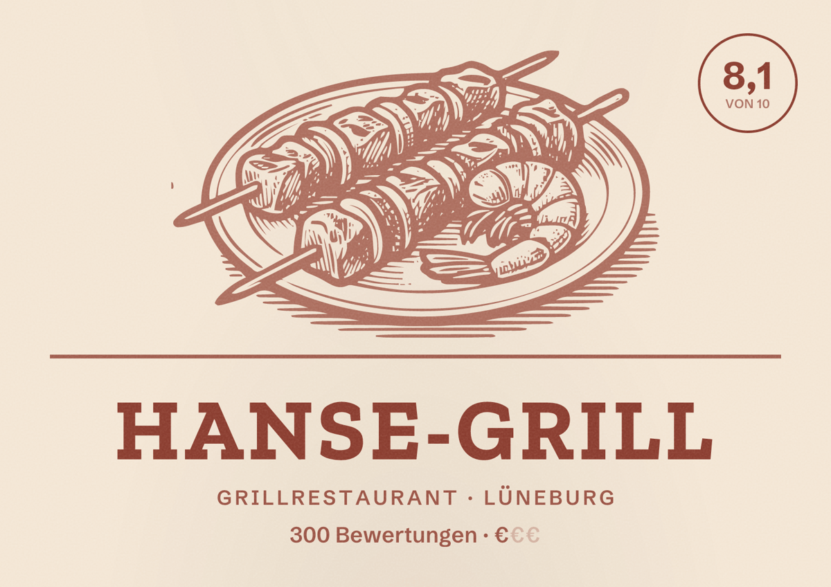 Illustriertes Poster von Hanse-Grill, Grillrestaurant in Lüneburg: Bewertung 8,1 von 10 aus 300 Bewertungen, Preisniveau €