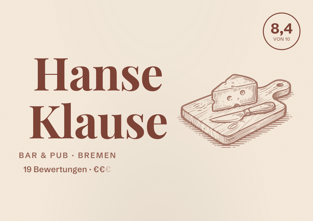 Illustriertes Poster von Hanse Klause, Bar & Pub in Bremen: Bewertung 8,4 von 10 aus 19 Bewertungen, Preisniveau €€