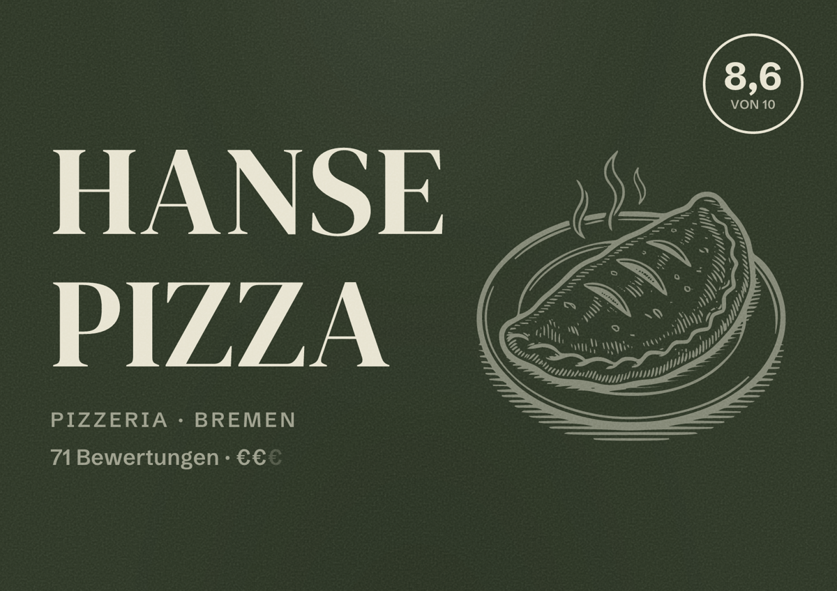 Illustriertes Poster von Hanse Pizza, Pizzeria in Bremen: Bewertung 8,6 von 10 aus 71 Bewertungen, Preisniveau €€