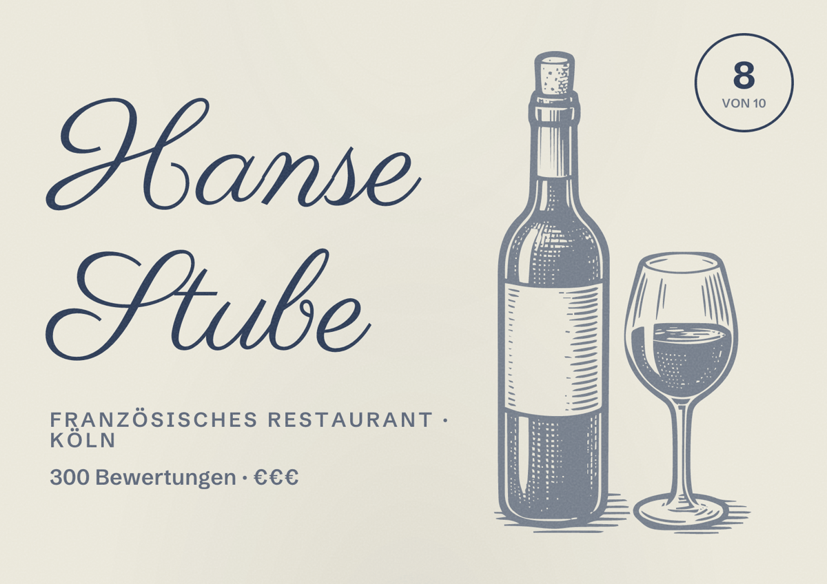 Illustriertes Poster von Hanse Stube, Französisches Restaurant in Köln: Bewertung 8,0 von 10 aus 300 Bewertungen, Preisniveau €€€