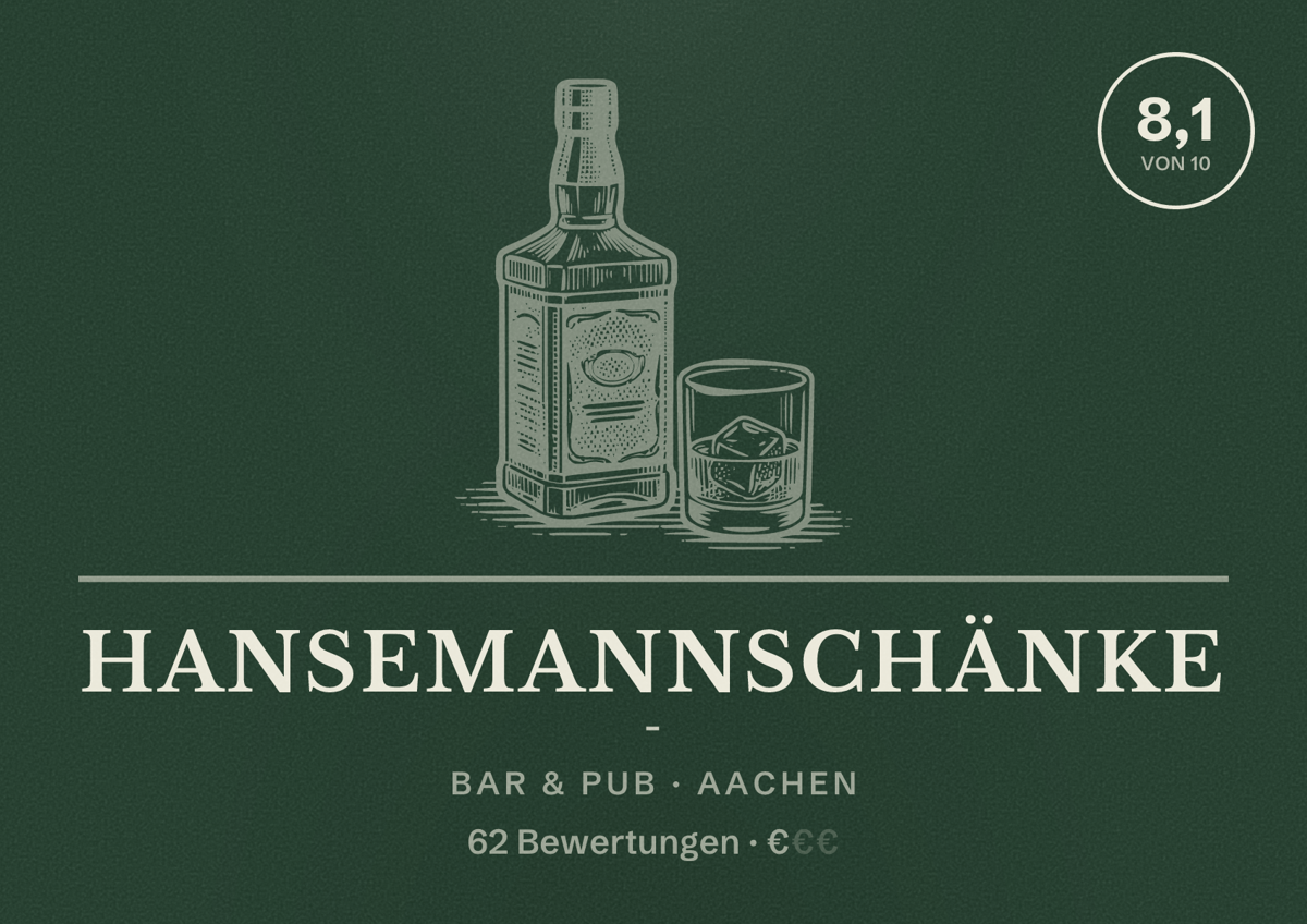 Illustriertes Poster von Hansemannschänke -, Bar & Pub in Aachen: Bewertung 8,1 von 10 aus 62 Bewertungen, Preisniveau €
