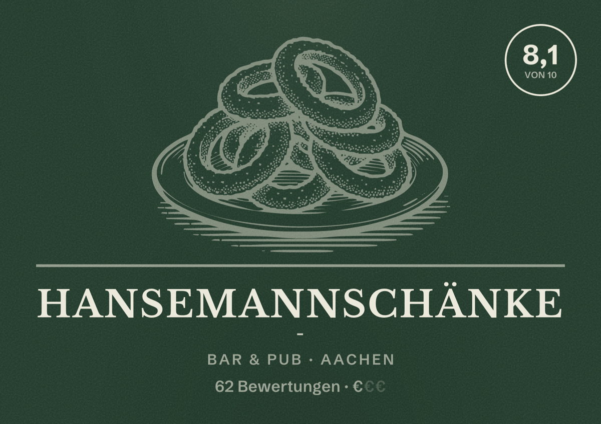 Illustriertes Poster von Hansemannschänke -, Bar & Pub in Aachen: Bewertung 8,1 von 10 aus 62 Bewertungen, Preisniveau €