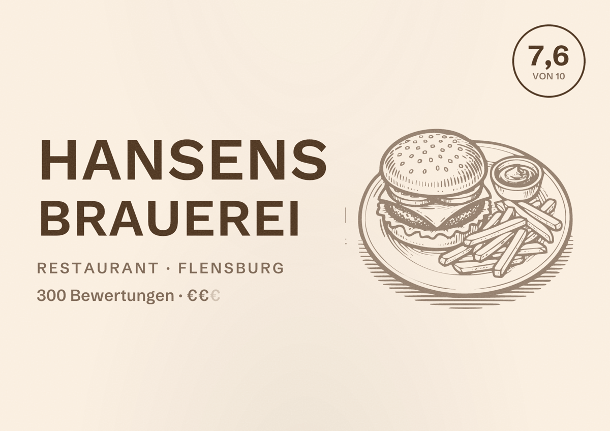 Illustriertes Poster von Hansens Brauerei, Restaurant in Flensburg: Bewertung 7,6 von 10 aus 300 Bewertungen, Preisniveau €€