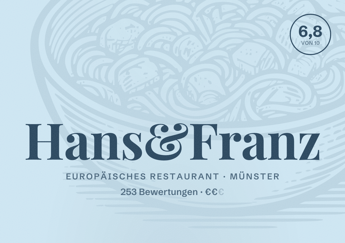 Illustriertes Poster von Hans&Franz, Europäisches Restaurant in Münster: Bewertung 6,8 von 10 aus 253 Bewertungen, Preisniveau €€