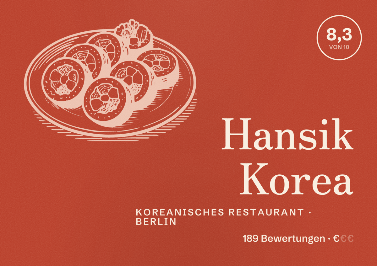 Illustriertes Poster von Hansik Korea, Koreanisches Restaurant in Berlin: Bewertung 8,3 von 10 aus 189 Bewertungen, Preisniveau €