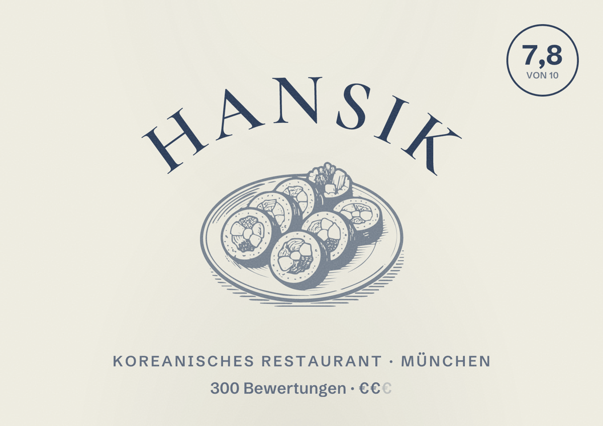 Illustriertes Poster von Hansik, Koreanisches Restaurant in München: Bewertung 7,8 von 10 aus 300 Bewertungen, Preisniveau €€