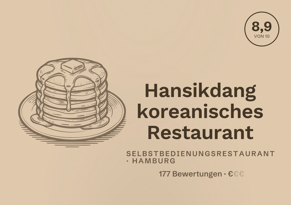 Illustriertes Poster von Hansikdang koreanisches Restaurant, Selbstbedienungsrestaurant in Hamburg: Bewertung 8,9 von 10 aus 177 Bewertungen, Preisniveau €