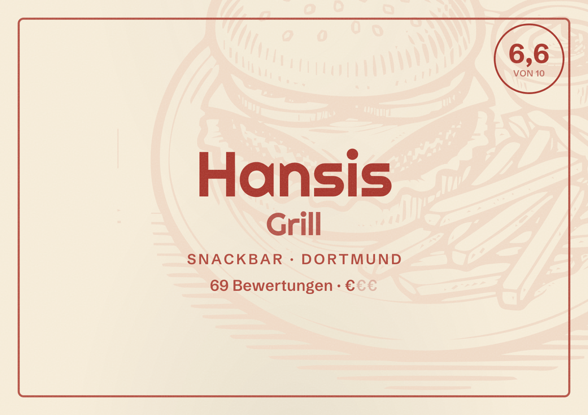 Illustriertes Poster von Hansis Grill, Snackbar in Dortmund: Bewertung 6,6 von 10 aus 69 Bewertungen, Preisniveau €