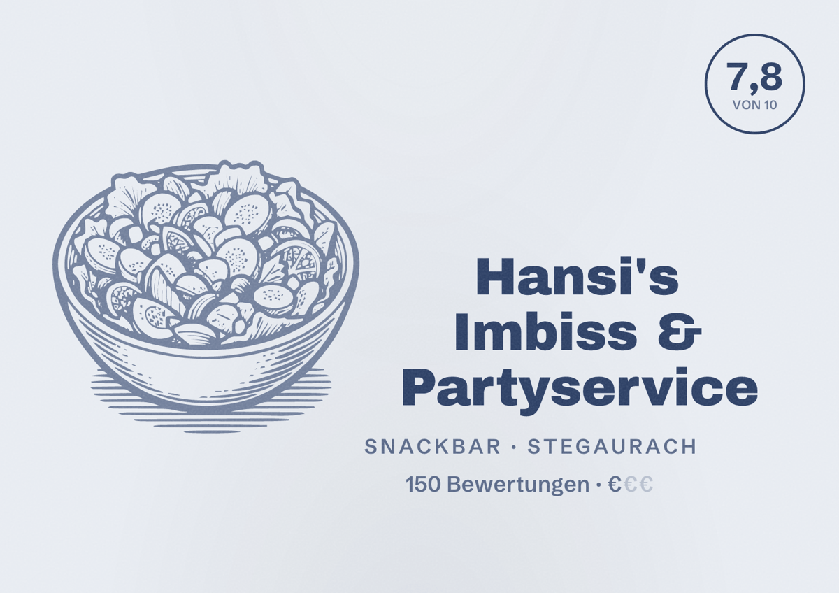 Illustriertes Poster von Hansi's Imbiss & Partyservice, Snackbar in Stegaurach: Bewertung 7,8 von 10 aus 150 Bewertungen, Preisniveau €