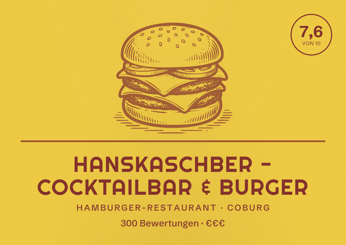 Illustriertes Poster von Hanskaschber - Cocktailbar & Burger, Hamburger-Restaurant in Coburg: Bewertung 7,6 von 10 aus 300 Bewertungen, Preisniveau €€€