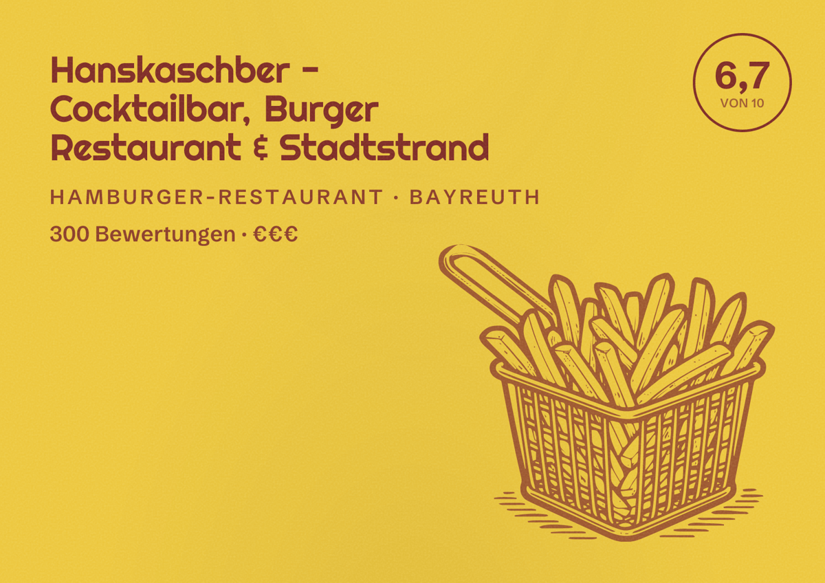 Illustriertes Poster von Hanskaschber - Cocktailbar, Burger Restaurant & Stadtstrand, Hamburger-Restaurant in Bayreuth: Bewertung 6,7 von 10 aus 300 Bewertungen, Preisniveau €€€