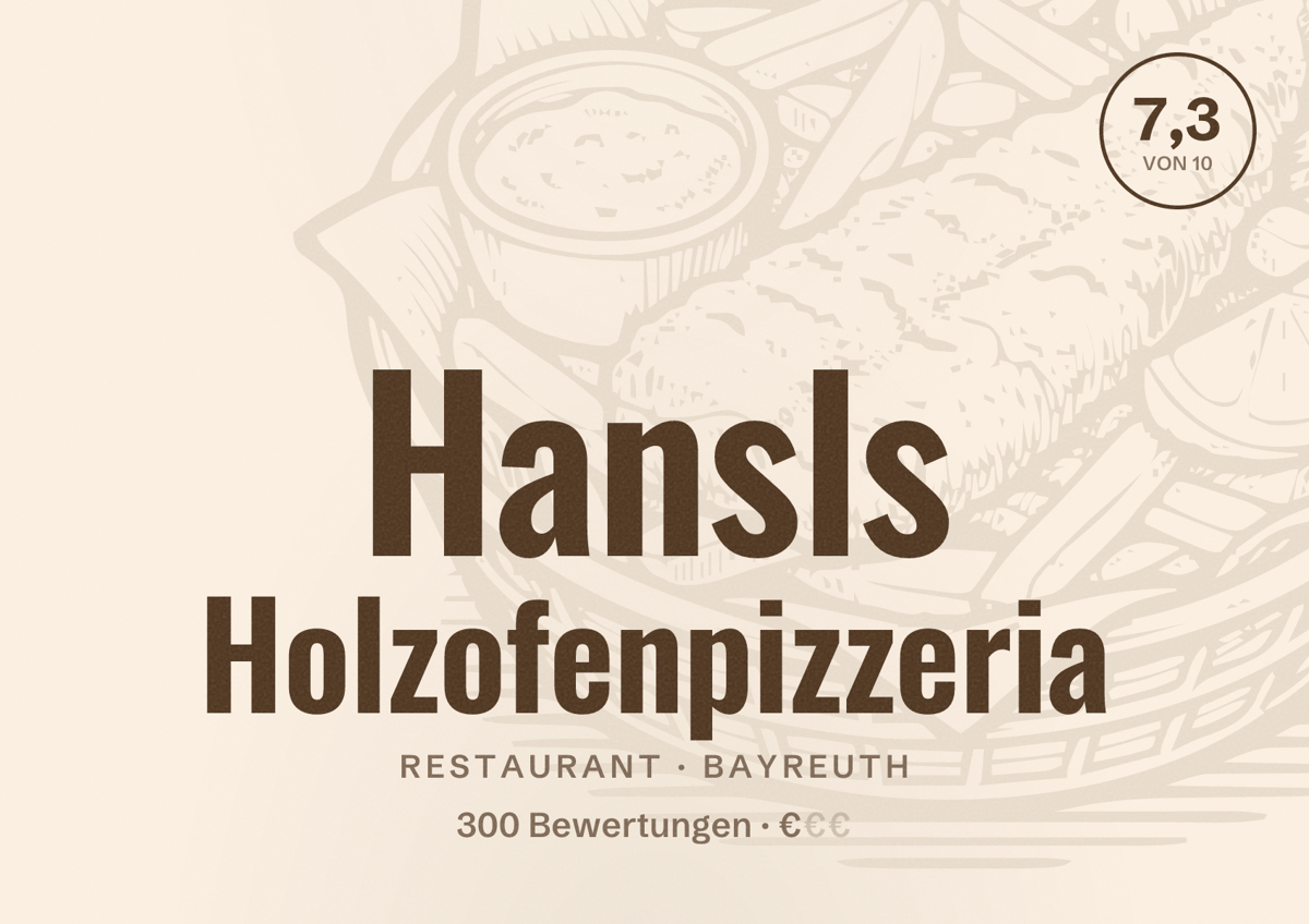 Illustriertes Poster von Hansls Holzofenpizzeria, Restaurant in Bayreuth: Bewertung 7,3 von 10 aus 300 Bewertungen, Preisniveau €