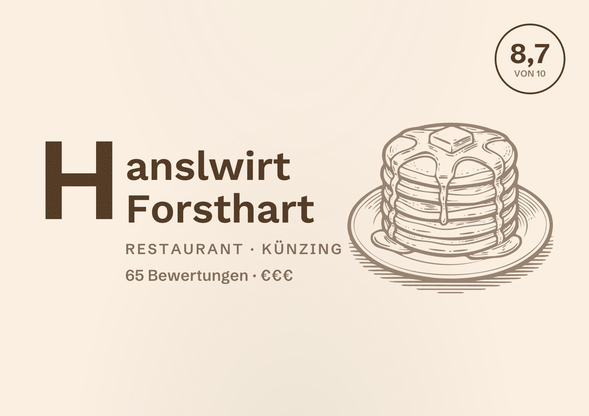 Illustriertes Poster von Hanslwirt Forsthart, Restaurant in Künzing: Bewertung 8,7 von 10 aus 65 Bewertungen, Preisniveau €€€