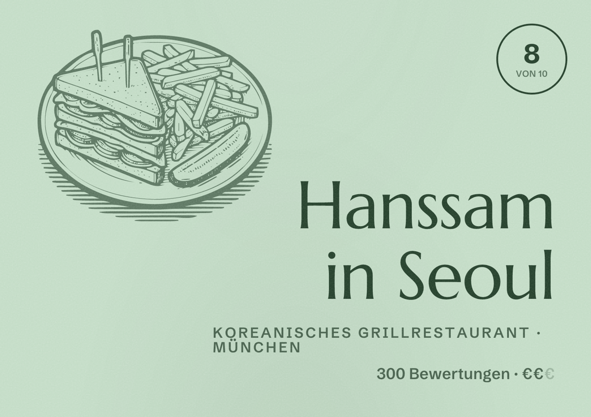 Illustriertes Poster von Hanssam in Seoul, Koreanisches Grillrestaurant in München: Bewertung 8,0 von 10 aus 300 Bewertungen, Preisniveau €€
