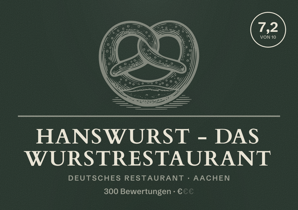 Illustriertes Poster von Hanswurst - Das Wurstrestaurant, Deutsches Restaurant in Aachen: Bewertung 7,2 von 10 aus 300 Bewertungen, Preisniveau €