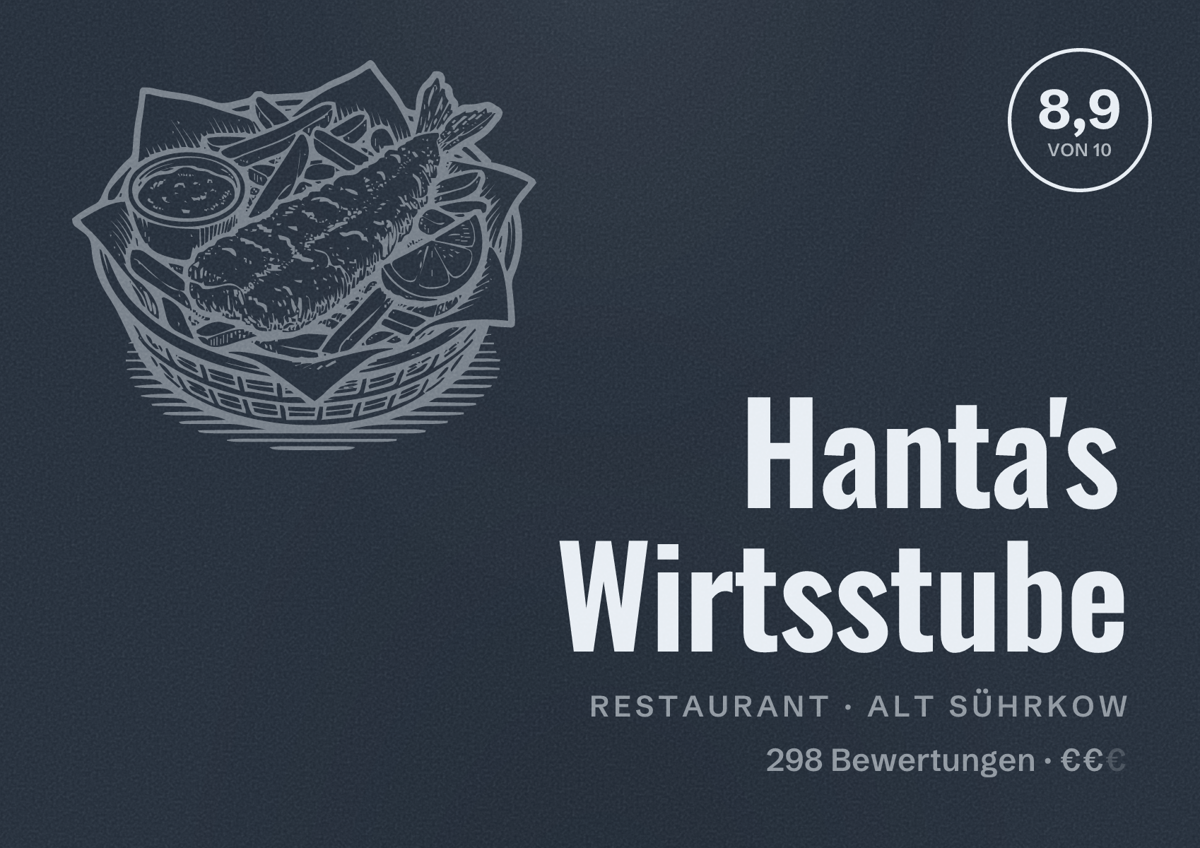 Illustriertes Poster von Hanta's Wirtsstube, Restaurant in Alt Sührkow: Bewertung 8,9 von 10 aus 298 Bewertungen, Preisniveau €€