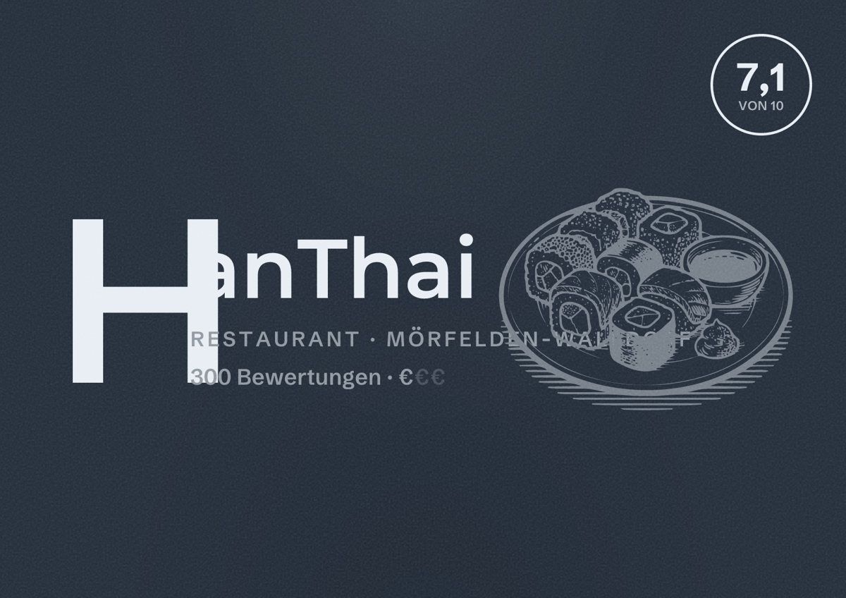 Illustriertes Poster von HanThai, Restaurant in Mörfelden-Walldorf: Bewertung 7,1 von 10 aus 300 Bewertungen, Preisniveau €
