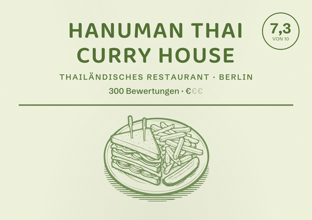 Illustriertes Poster von Hanuman Thai Curry House, Thailändisches Restaurant in Berlin: Bewertung 7,3 von 10 aus 300 Bewertungen, Preisniveau €