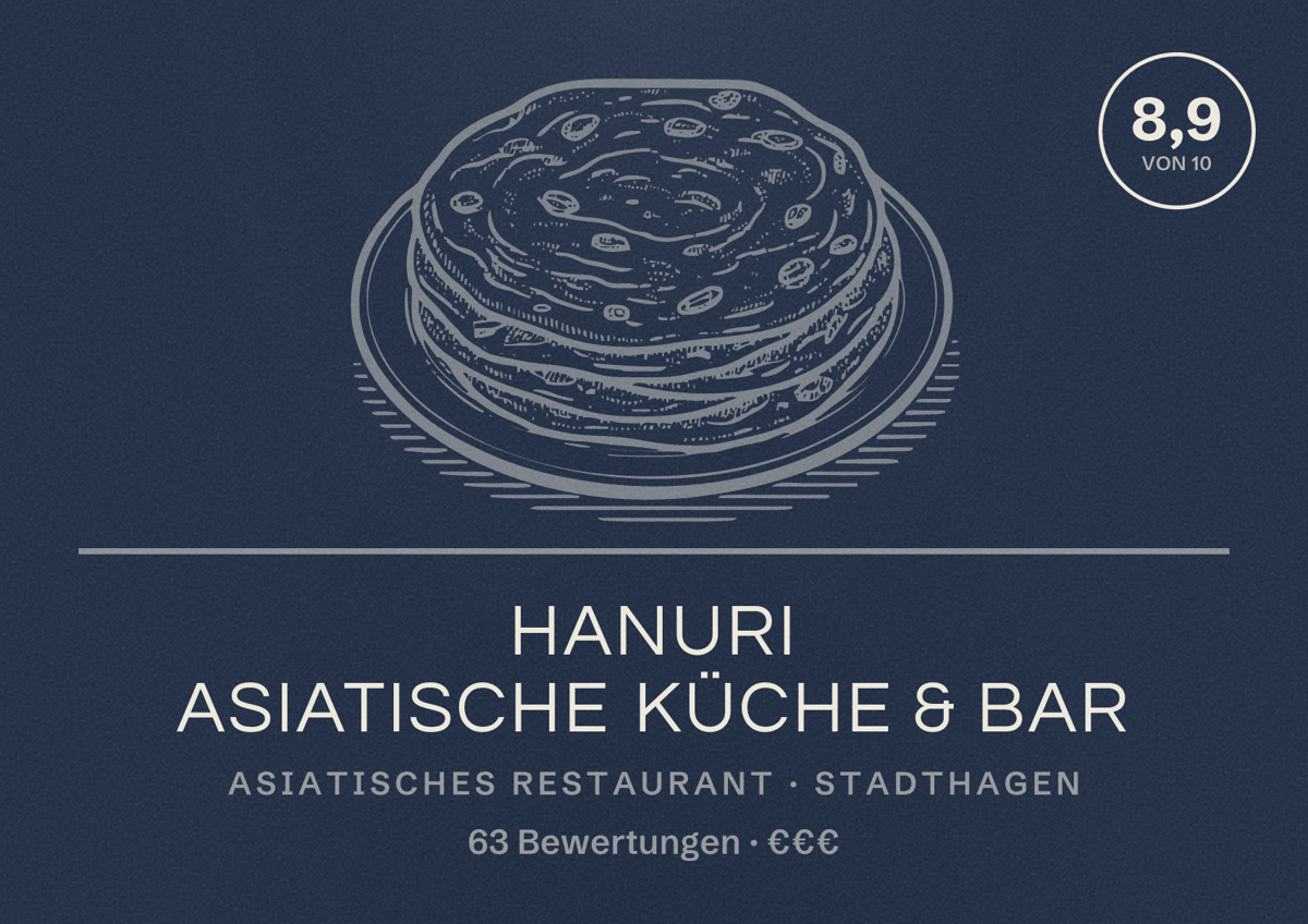 Illustriertes Poster von Hanuri Asiatische Küche & Bar, Asiatisches Restaurant in Stadthagen: Bewertung 8,9 von 10 aus 63 Bewertungen, Preisniveau €€€