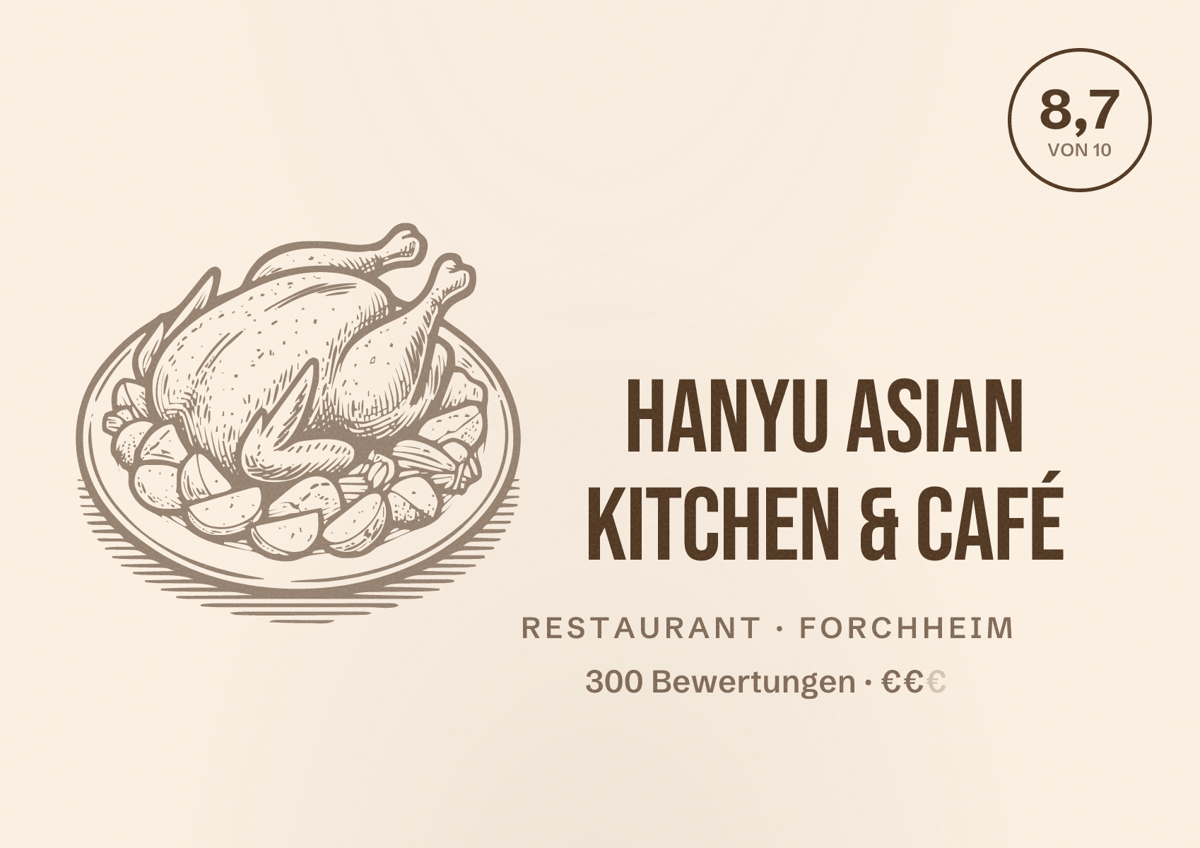 Illustriertes Poster von Hanyu Asian Kitchen & Café, Restaurant in Forchheim: Bewertung 8,7 von 10 aus 300 Bewertungen, Preisniveau €€