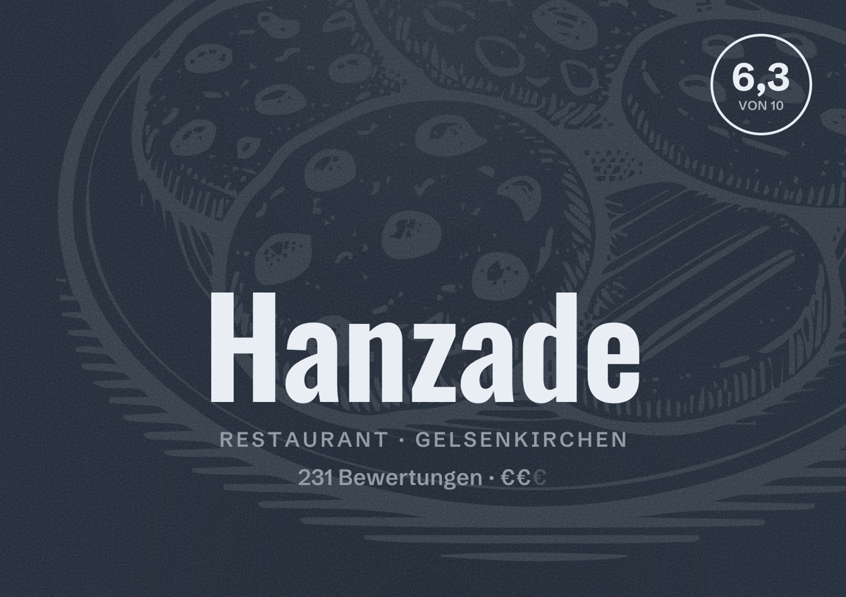 Illustriertes Poster von Hanzade, Restaurant in Gelsenkirchen: Bewertung 6,3 von 10 aus 231 Bewertungen, Preisniveau €€