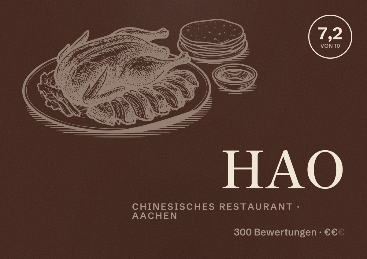 Illustriertes Poster von HAO, Chinesisches Restaurant in Aachen: Bewertung 7,2 von 10 aus 300 Bewertungen, Preisniveau €€