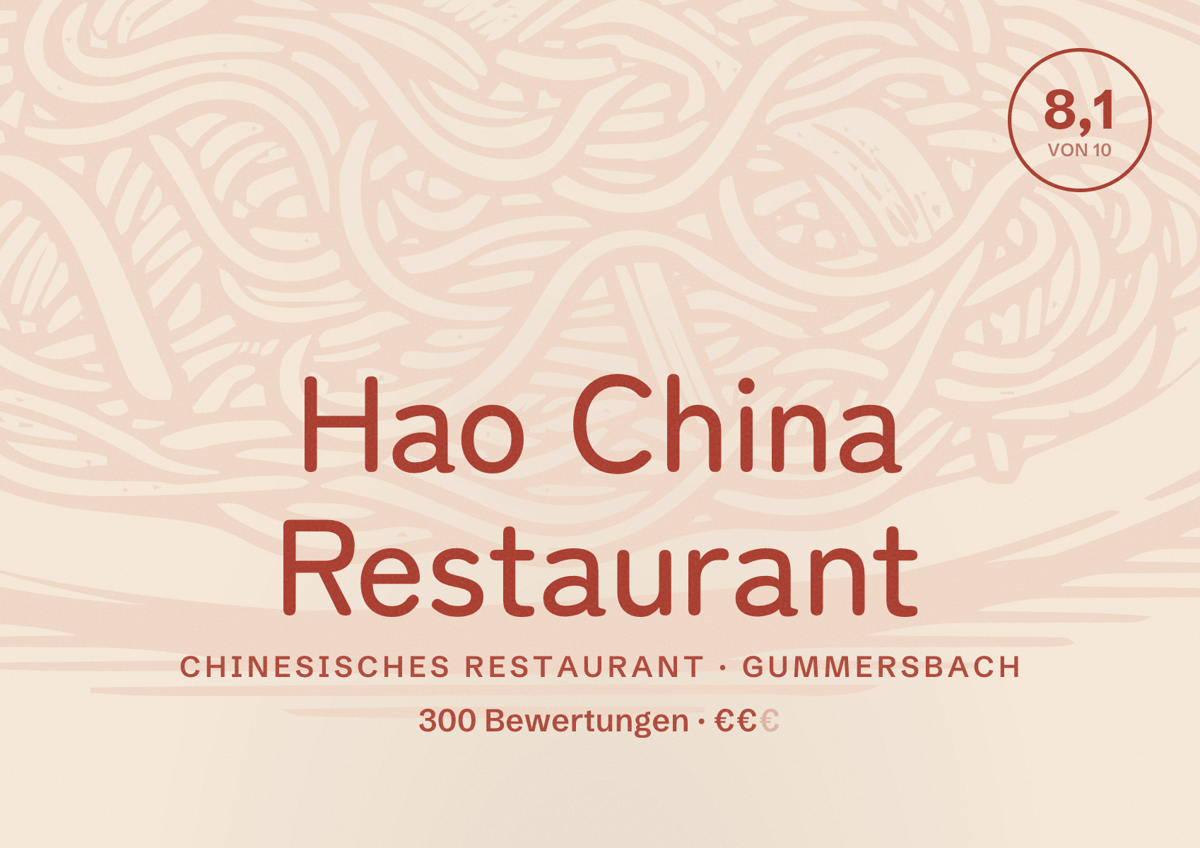 Illustriertes Poster von Hao China Restaurant, Chinesisches Restaurant in Gummersbach: Bewertung 8,1 von 10 aus 300 Bewertungen, Preisniveau €€