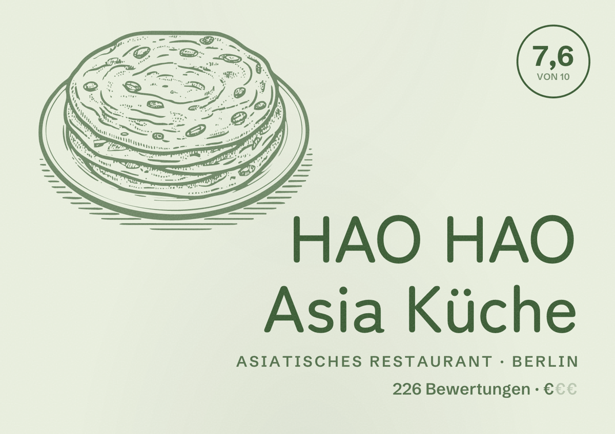 Illustriertes Poster von HAO HAO Asia Küche, Asiatisches Restaurant in Berlin: Bewertung 7,6 von 10 aus 226 Bewertungen, Preisniveau €