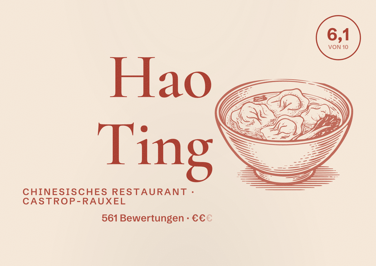 Illustriertes Poster von Hao Ting, Chinesisches Restaurant in Castrop-Rauxel: Bewertung 6,1 von 10 aus 561 Bewertungen, Preisniveau €€