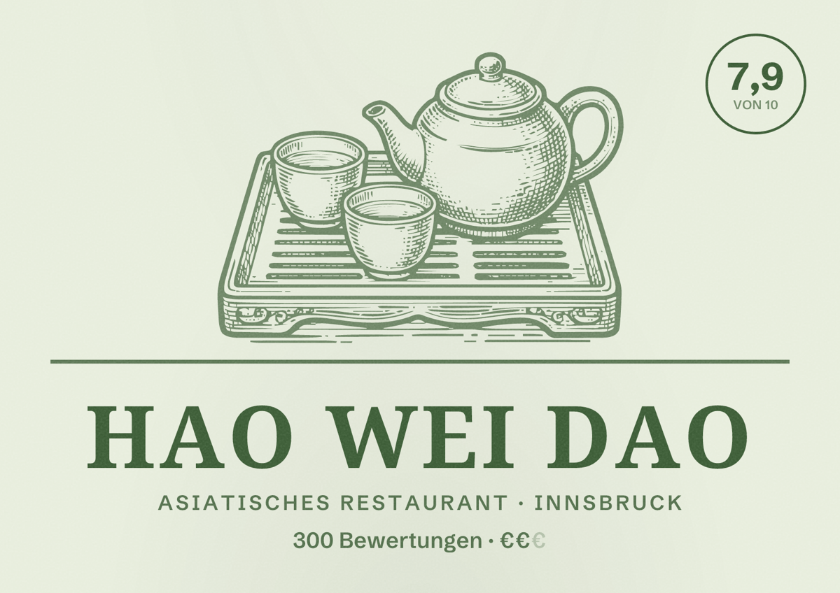 Illustriertes Poster von HAO WEI DAO, Asiatisches Restaurant in Innsbruck: Bewertung 7,9 von 10 aus 300 Bewertungen, Preisniveau €€
