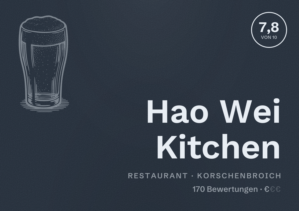 Illustriertes Poster von Hao Wei Kitchen, Restaurant in Korschenbroich: Bewertung 7,8 von 10 aus 170 Bewertungen, Preisniveau €
