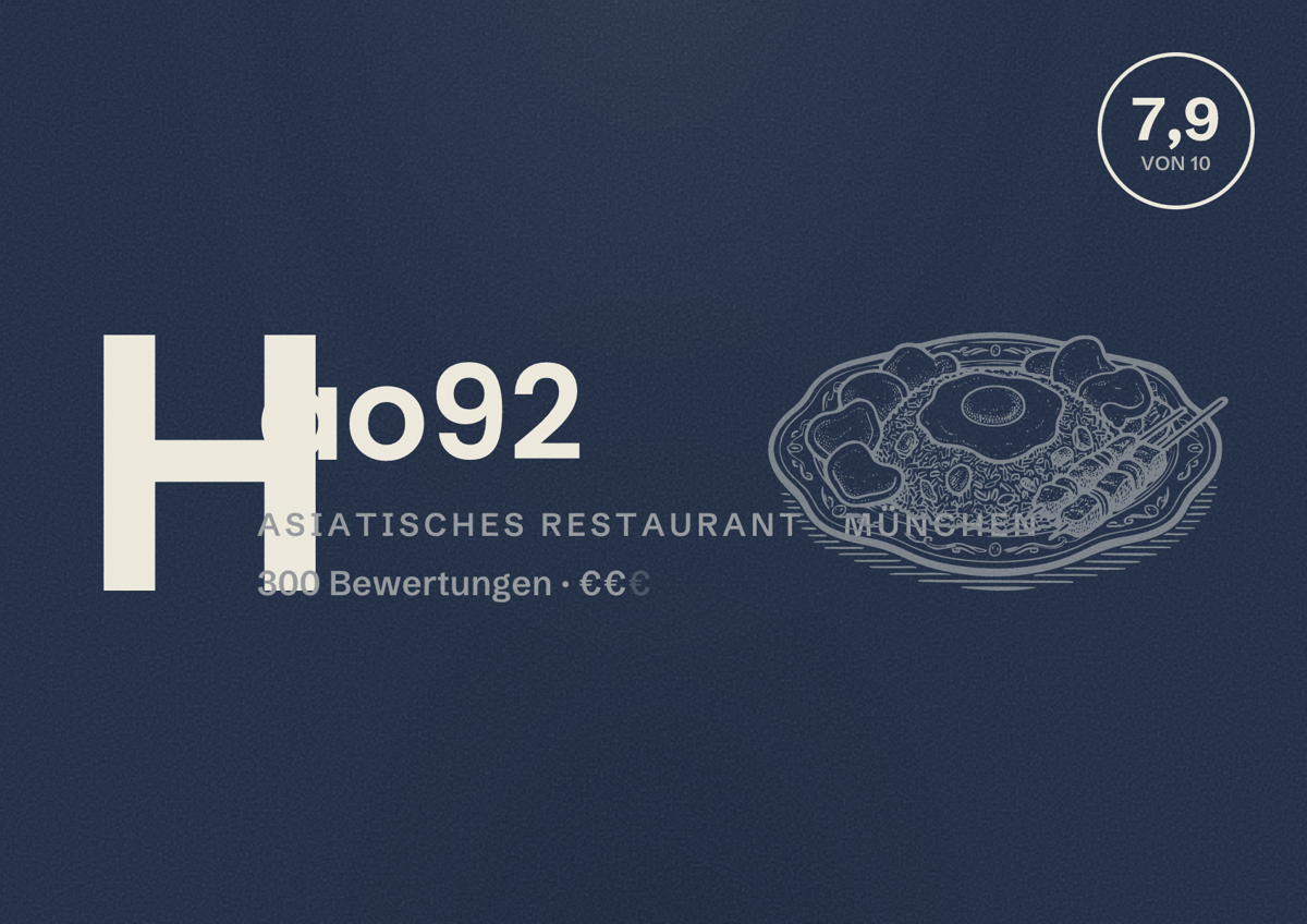Illustriertes Poster von Hao92, Asiatisches Restaurant in München: Bewertung 7,9 von 10 aus 300 Bewertungen, Preisniveau €€