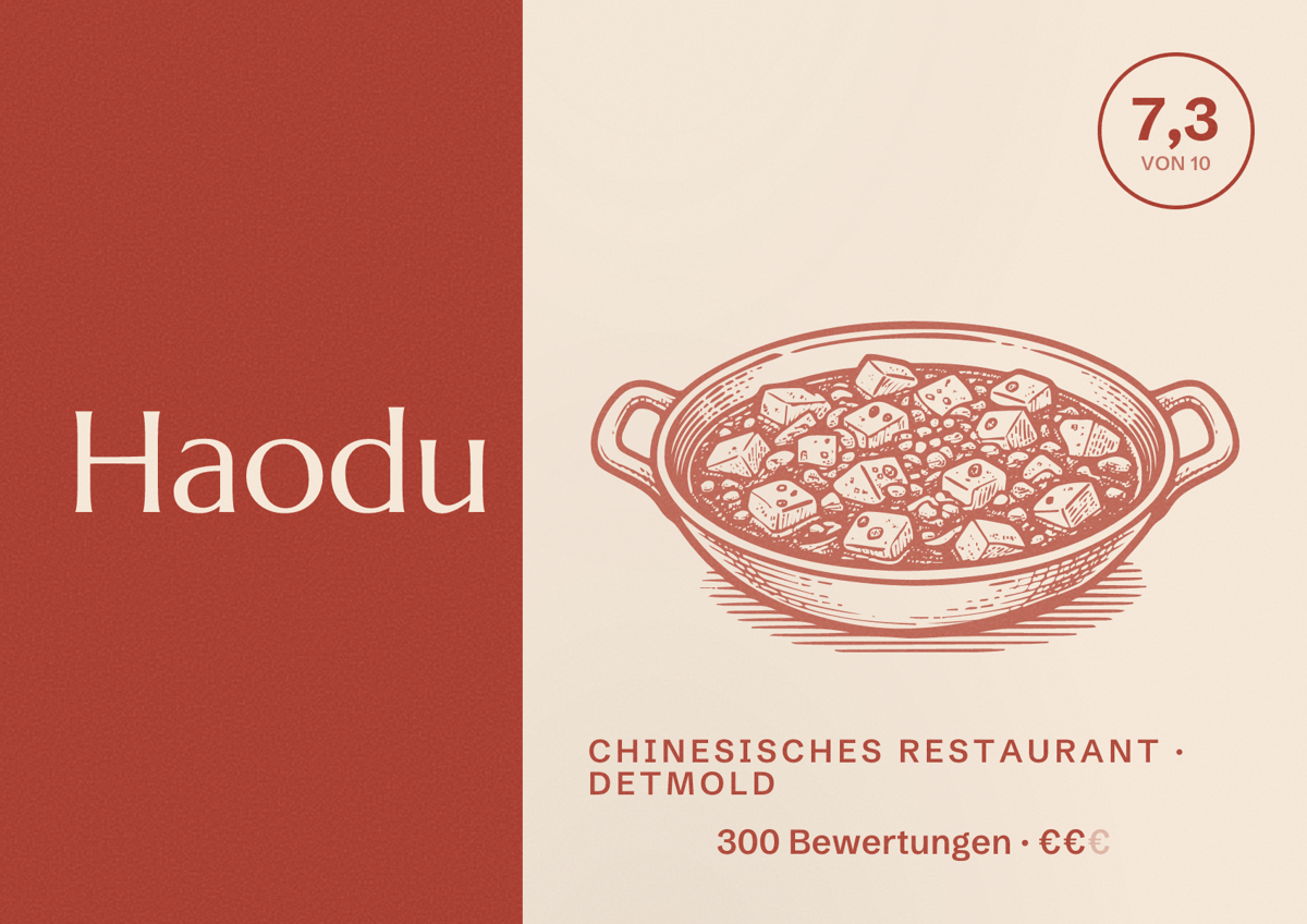Illustriertes Poster von Haodu, Chinesisches Restaurant in Detmold: Bewertung 7,3 von 10 aus 300 Bewertungen, Preisniveau €€