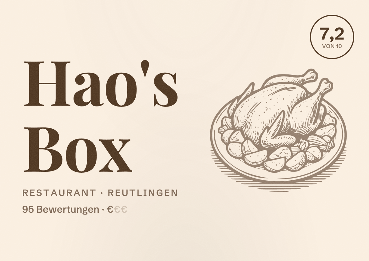 Illustriertes Poster von Hao's Box, Restaurant in Reutlingen: Bewertung 7,2 von 10 aus 95 Bewertungen, Preisniveau €