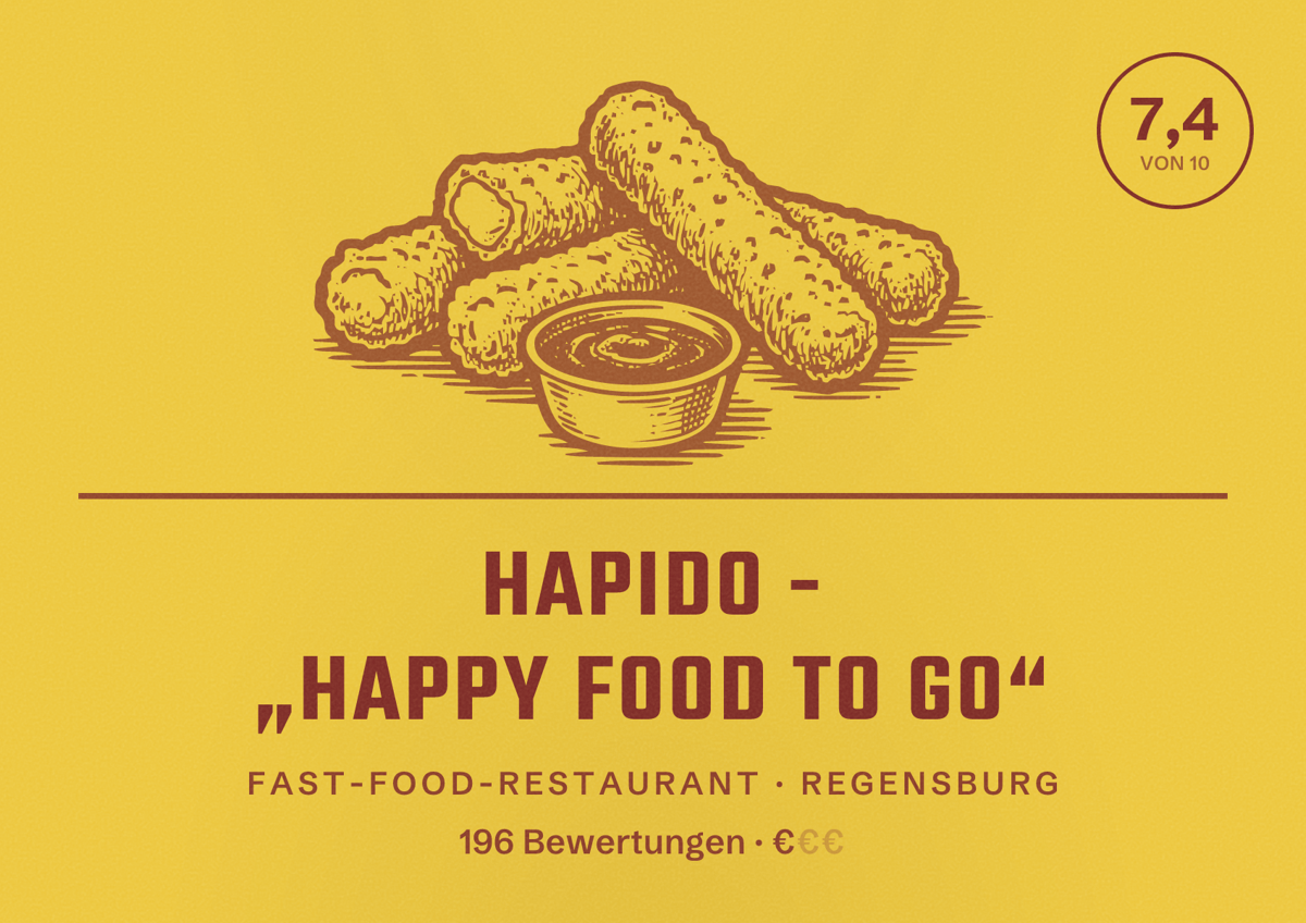Illustriertes Poster von HaPiDo - „Happy food to go“, Fast-Food-Restaurant in Regensburg: Bewertung 7,4 von 10 aus 196 Bewertungen, Preisniveau €