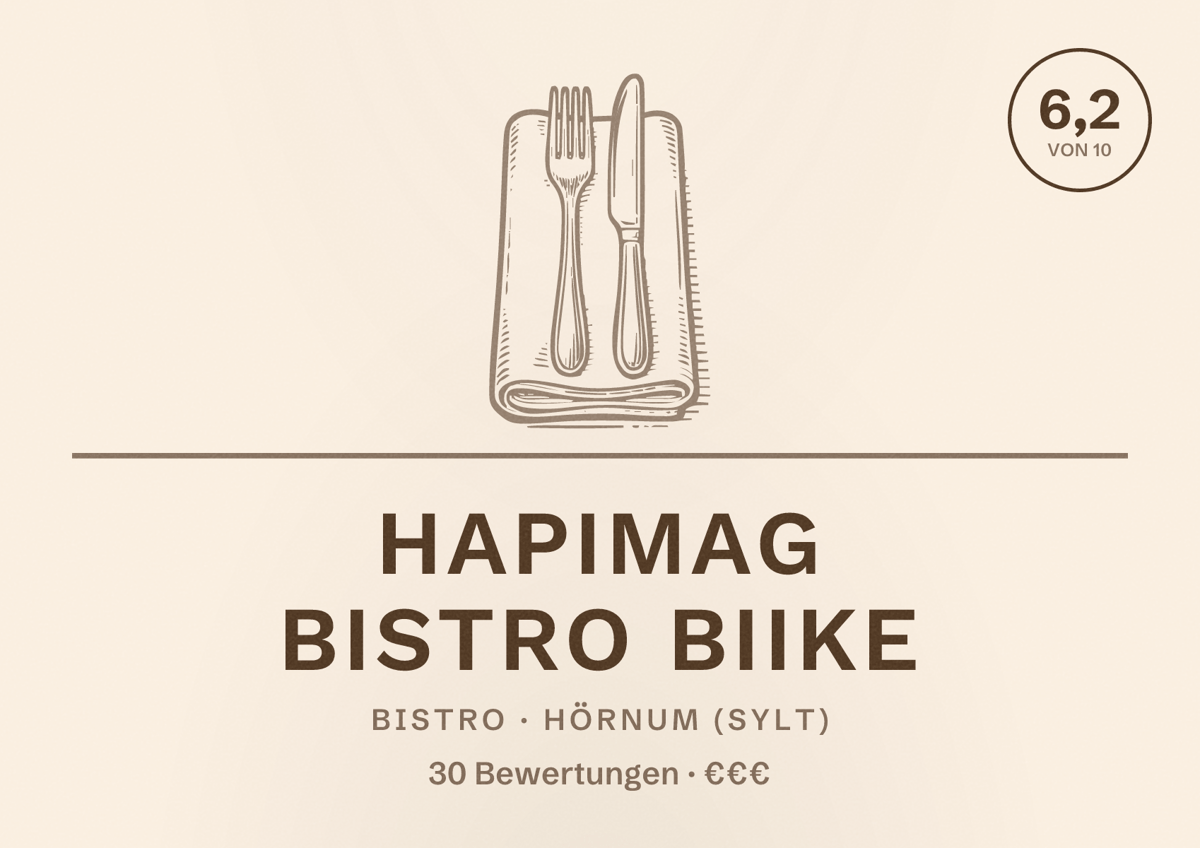 Illustriertes Poster von Hapimag Bistro Biike, Bistro in Hörnum (Sylt): Bewertung 6,2 von 10 aus 30 Bewertungen, Preisniveau €€€
