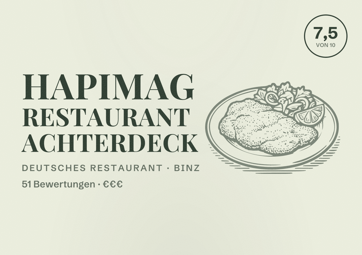 Illustriertes Poster von Hapimag Restaurant Achterdeck, Deutsches Restaurant in Binz: Bewertung 7,5 von 10 aus 51 Bewertungen, Preisniveau €€€