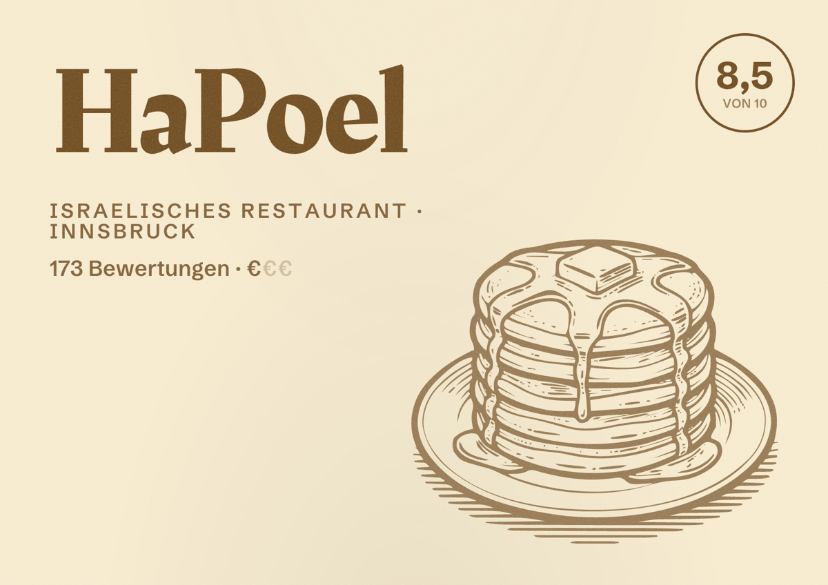 Illustriertes Poster von HaPoel, Israelisches Restaurant in Innsbruck: Bewertung 8,5 von 10 aus 173 Bewertungen, Preisniveau €