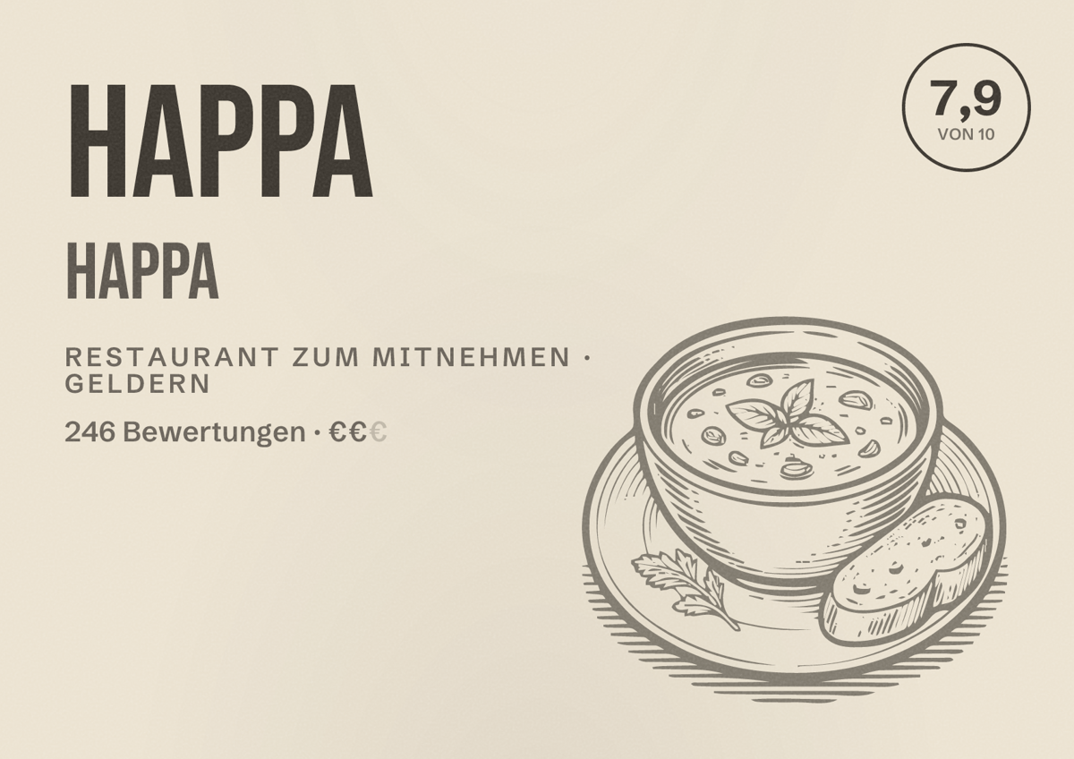 Illustriertes Poster von Happa Happa, Restaurant zum Mitnehmen in Geldern: Bewertung 7,9 von 10 aus 246 Bewertungen, Preisniveau €€