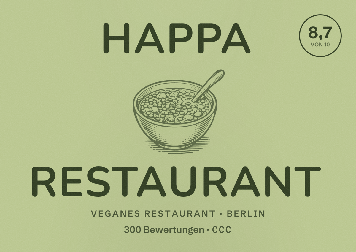 Illustriertes Poster von HAPPA Restaurant, Veganes Restaurant in Berlin: Bewertung 8,7 von 10 aus 300 Bewertungen, Preisniveau €€€