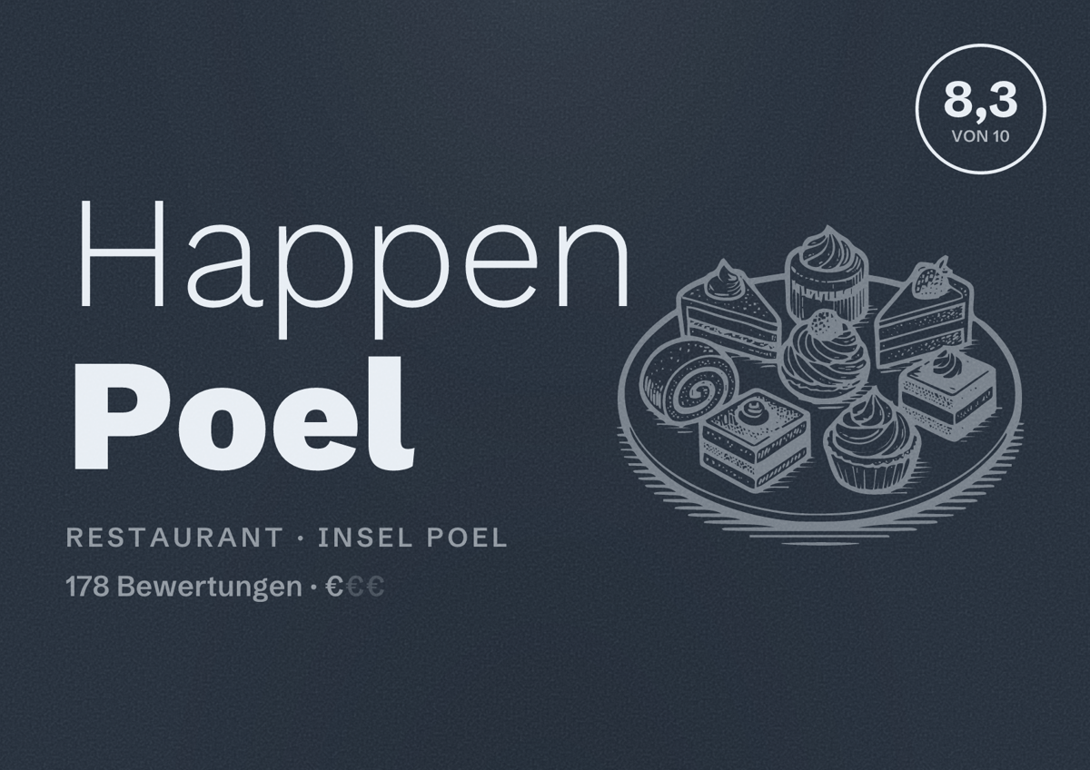 Illustriertes Poster von Happen Poel, Restaurant in Insel Poel: Bewertung 8,3 von 10 aus 178 Bewertungen, Preisniveau €