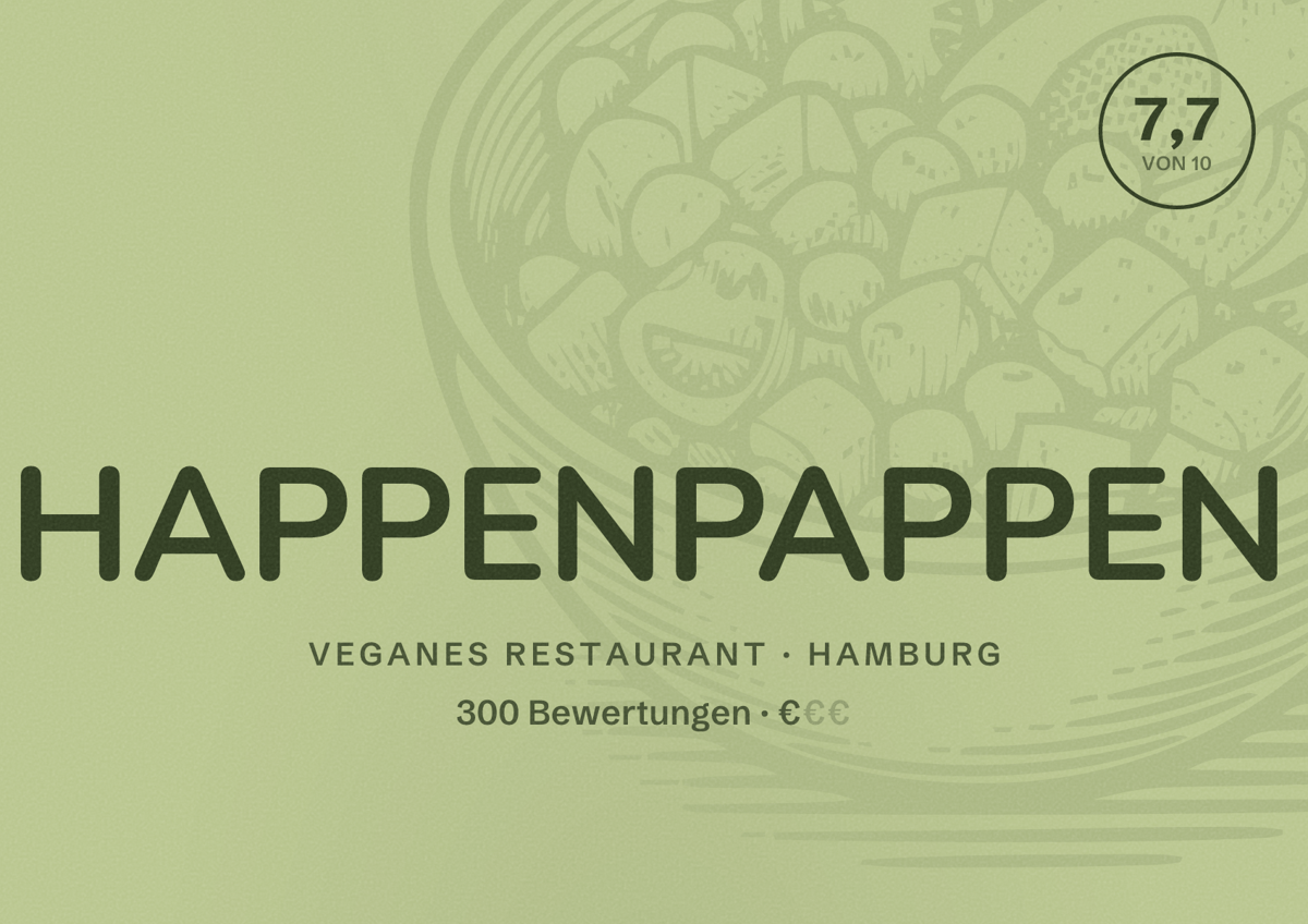 Illustriertes Poster von HAPPENPAPPEN, Veganes Restaurant in Hamburg: Bewertung 7,7 von 10 aus 300 Bewertungen, Preisniveau €