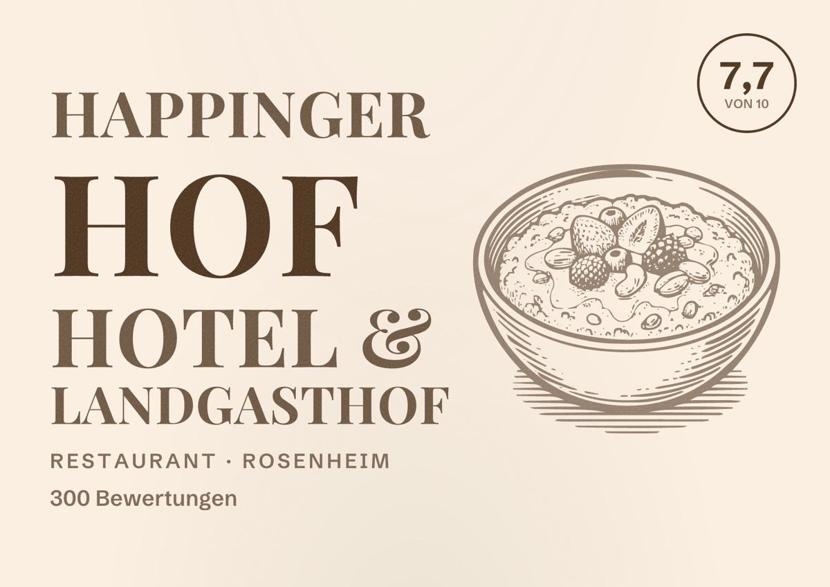 Illustriertes Poster von Happinger Hof Hotel & Landgasthof, Restaurant in Rosenheim: Bewertung 7,7 von 10 aus 300 Bewertungen