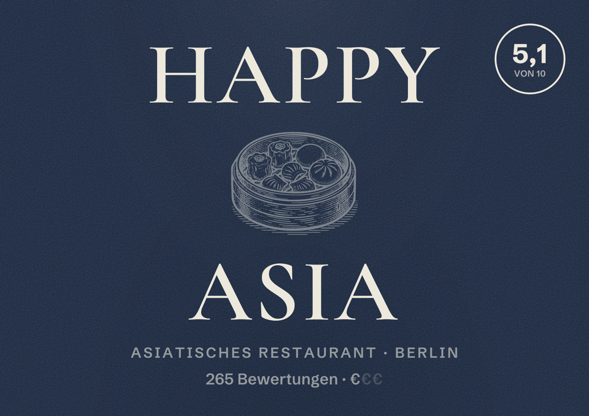 Illustriertes Poster von Happy Asia, Asiatisches Restaurant in Berlin: Bewertung 5,1 von 10 aus 265 Bewertungen, Preisniveau €