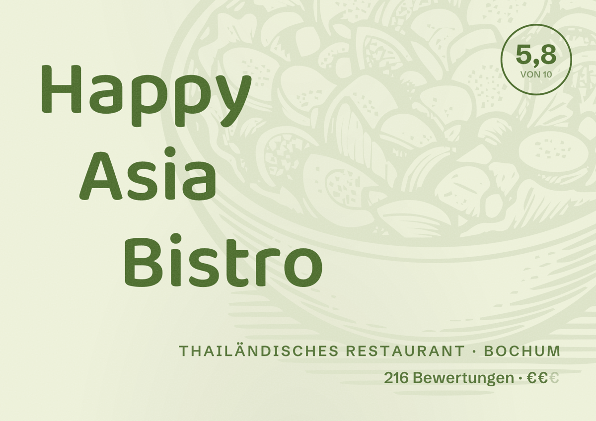 Illustriertes Poster von Happy Asia Bistro, Thailändisches Restaurant in Bochum: Gästebewertung 5,8 von 10 aus 216 Bewertungen