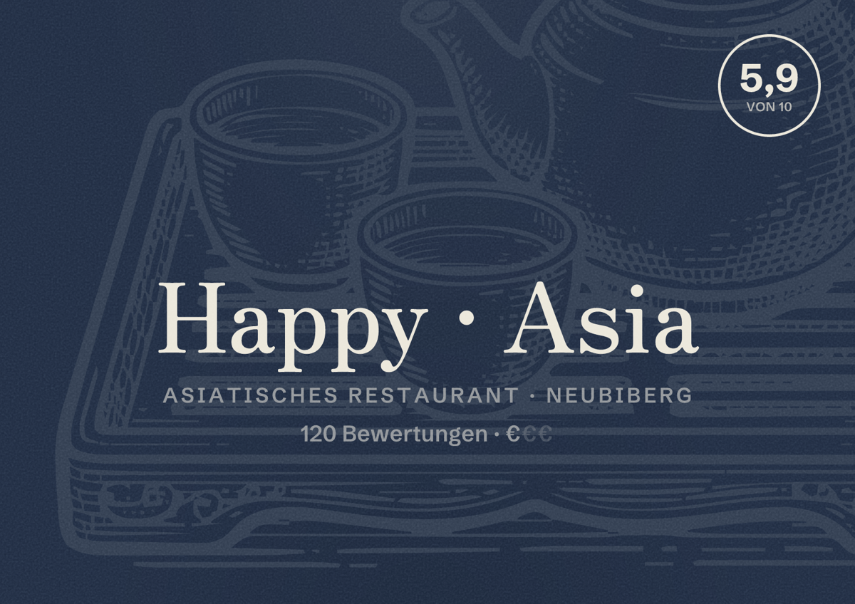 Illustriertes Poster von Happy Asia, Asiatisches Restaurant in Neubiberg: Bewertung 5,9 von 10 aus 120 Bewertungen, Preisniveau €