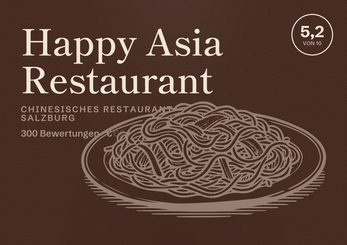 Illustriertes Poster von Happy Asia Restaurant, Chinesisches Restaurant in Salzburg: Bewertung 5,2 von 10 aus 300 Bewertungen, Preisniveau €